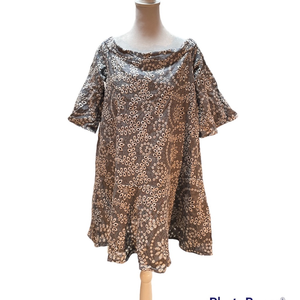 Prose & Poetry Heather Navy Blue with White Embroidered Floral Print Dress Large